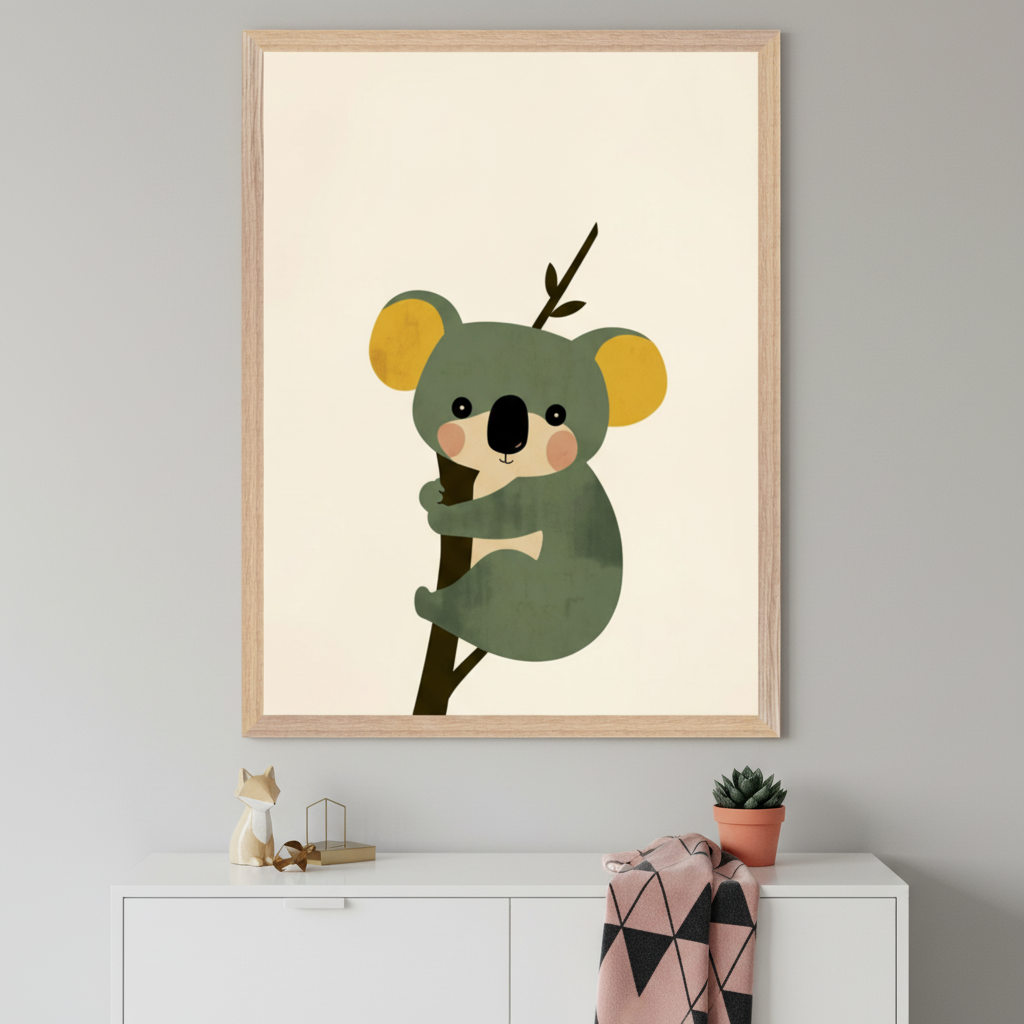 Framed wall art featuring a whimsical illustration of a green koala with yellow ears clinging to a tree branch. The minimalist decor below includes a white cabinet with a ceramic fox, a small succulent in a terracotta pot, and a pink geometric-patterned blanket draped over the side.