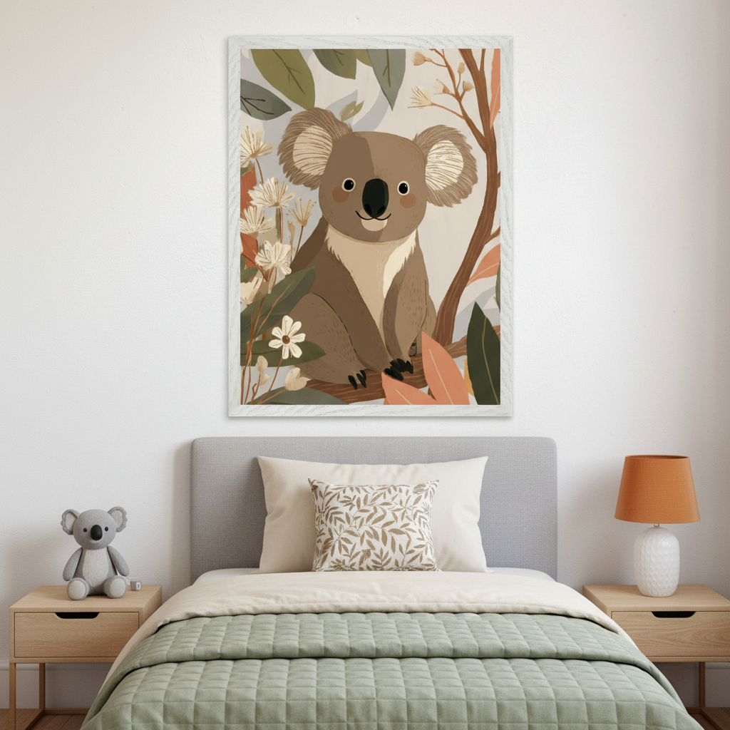 Kid's bedroom with a gray bed and two wood nightstands. A large framed illustration of a koala sitting in a tree with white flowers and green leaves hangs centered above the bed.