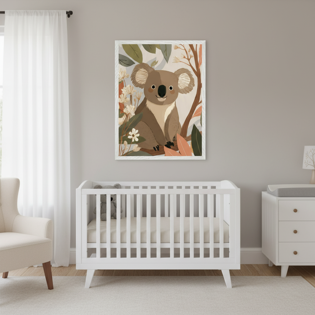 Modern nursery with a white crib and dresser. A large framed illustration of a koala sitting on a tree branch with leaves and flowers hangs on the gray wall above the crib.