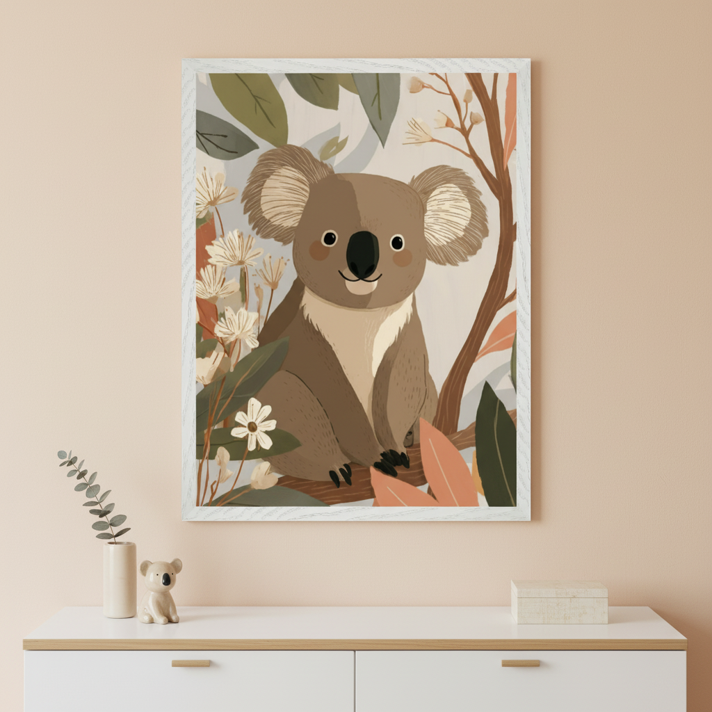 Framed illustration of a smiling koala sitting among soft-toned leaves and blooming white flowers, with a gentle neutral background. The artwork hangs above a white dresser topped with a small ceramic koala figurine, a single leafy stem in a vase, and a light wood box.