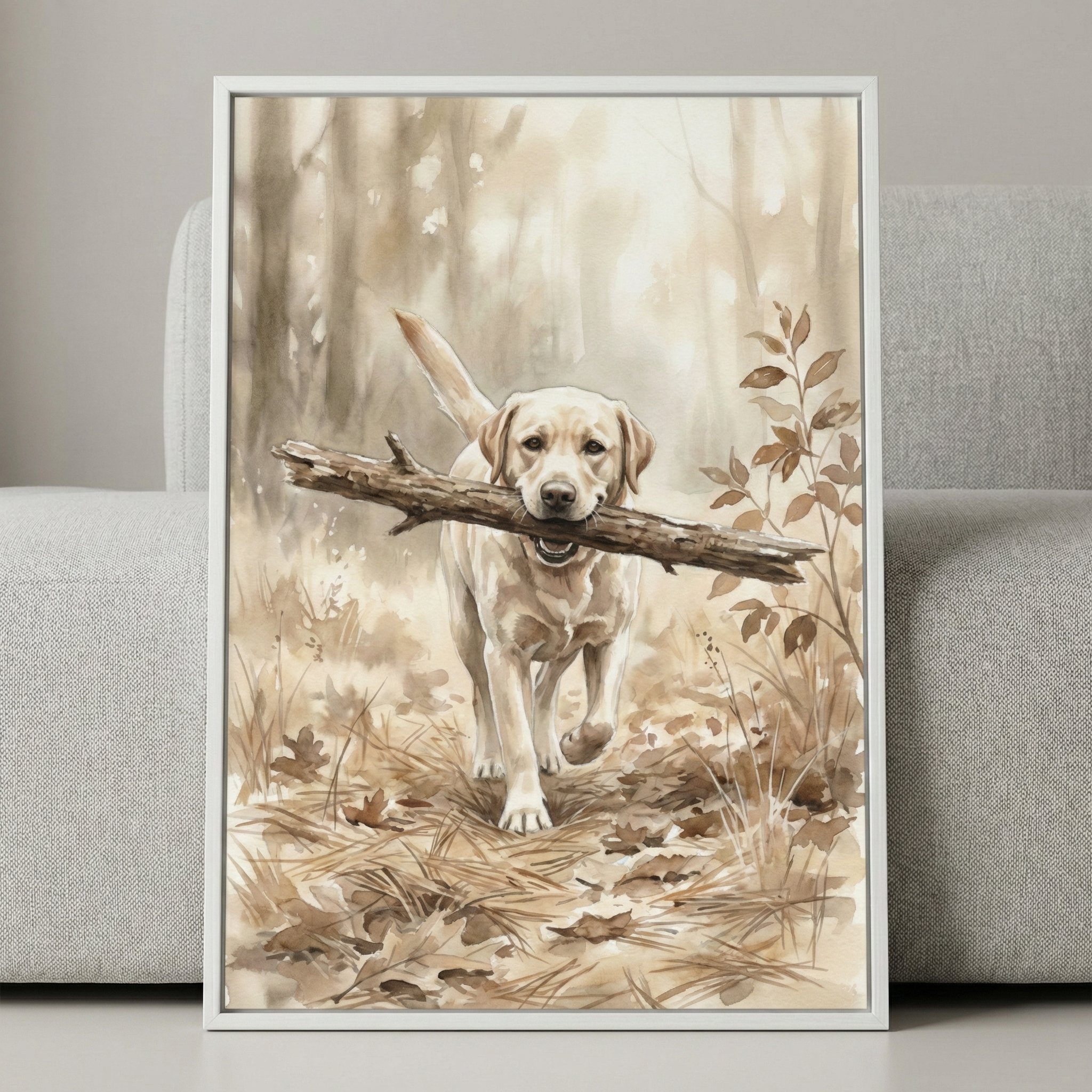A framed watercolor-style illustration features a light-colored retriever-type dog trotting toward the viewer through a wooded area. The dog carries a thick, weathered branch in its mouth. The scene is rendered in soft, monochromatic tones of brown, tan, and cream, creating a warm and natural atmosphere. The background depicts a hazy forest with tall trees, and the ground is covered in dry grass and fallen leaves. The framed artwork is shown leaning against a neutral grey fabric sofa.