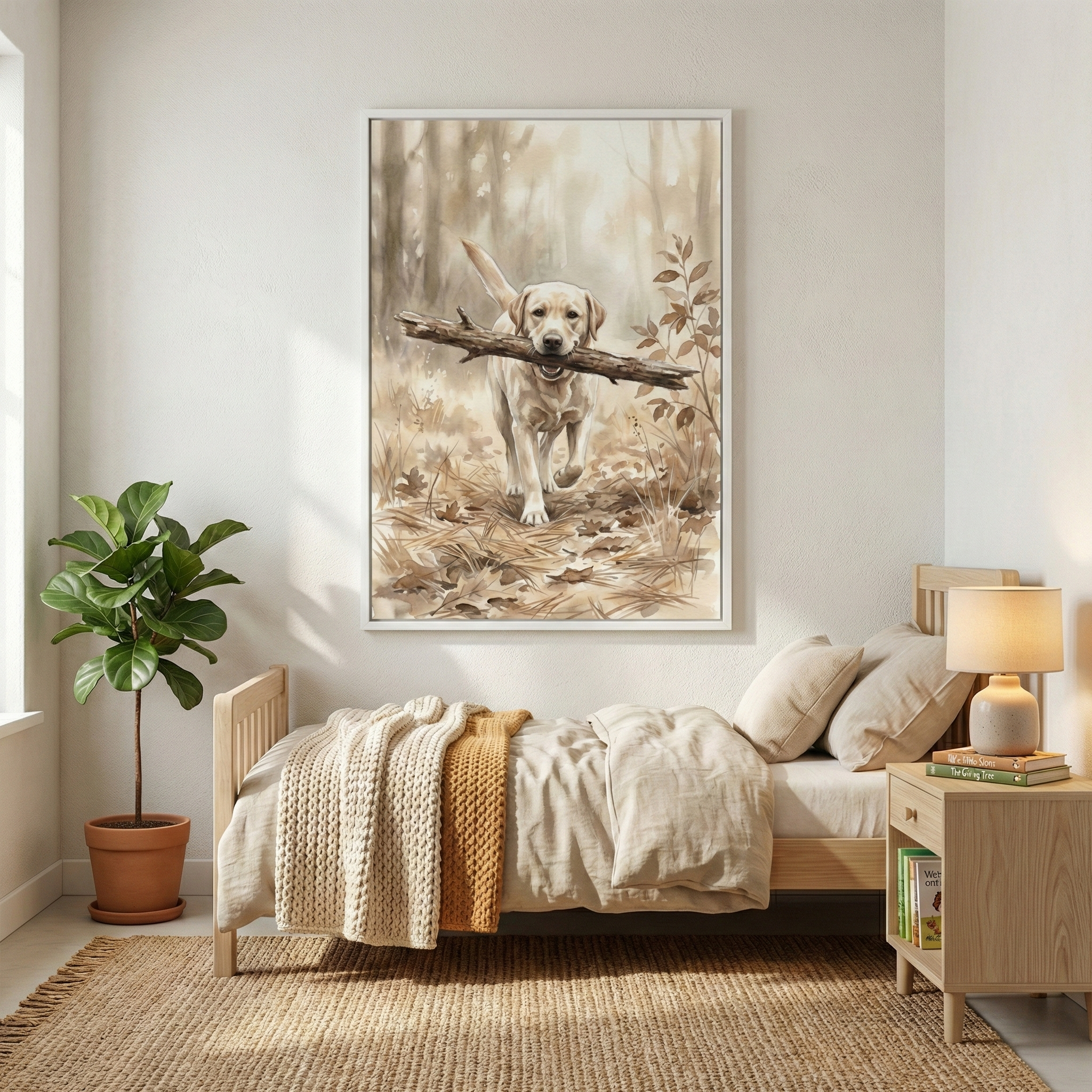 A serene bedroom with a warm, neutral color palette features a large framed piece of art as its focal point. The artwork, rendered in soft, earthy tones, shows a light-colored dog carrying a large branch through a wooded area. Below the art, a wooden bed is neatly made with textured, cream and golden-brown blankets and pillows. A natural fiber rug covers the floor. To one side, a healthy green plant grows in a terracotta pot, while the other side features a wooden nightstand with a small lamp and books. 