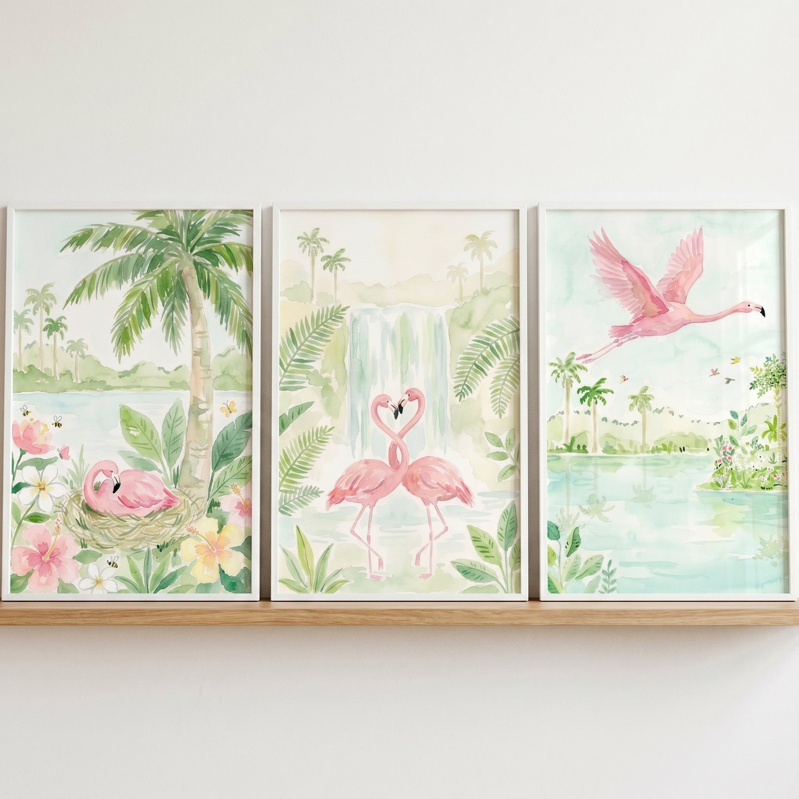 Lagoon pink flamingo wall art set of 3 shows watercolor birds nesting, forming a heart, and flying in a tropical scene.