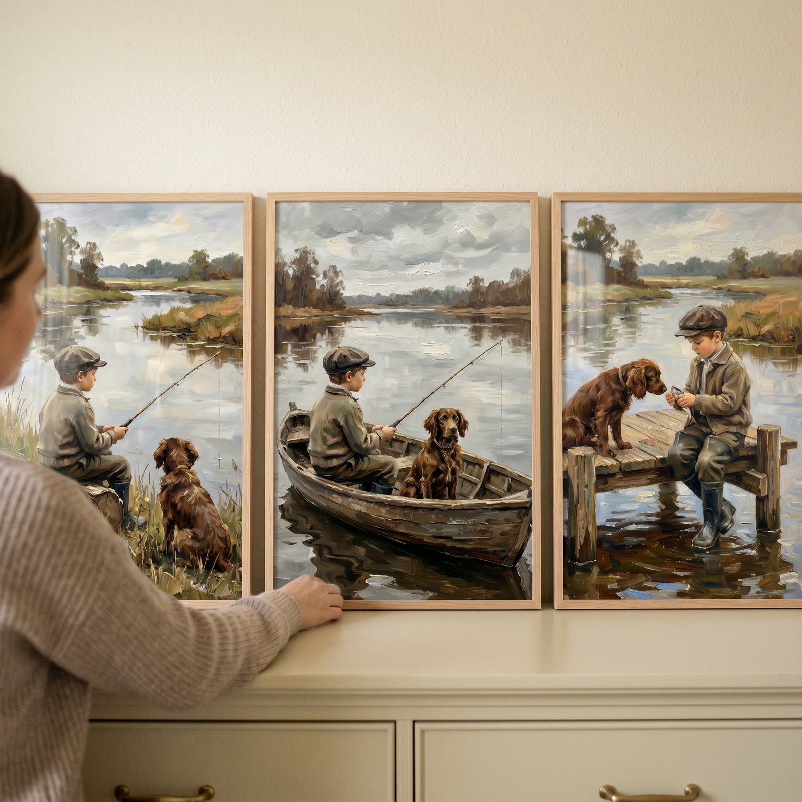 Lake fishing boy dog wall art set of 3 showing a boy and his dog on a river bank, in a boat, and on a wooden dock.