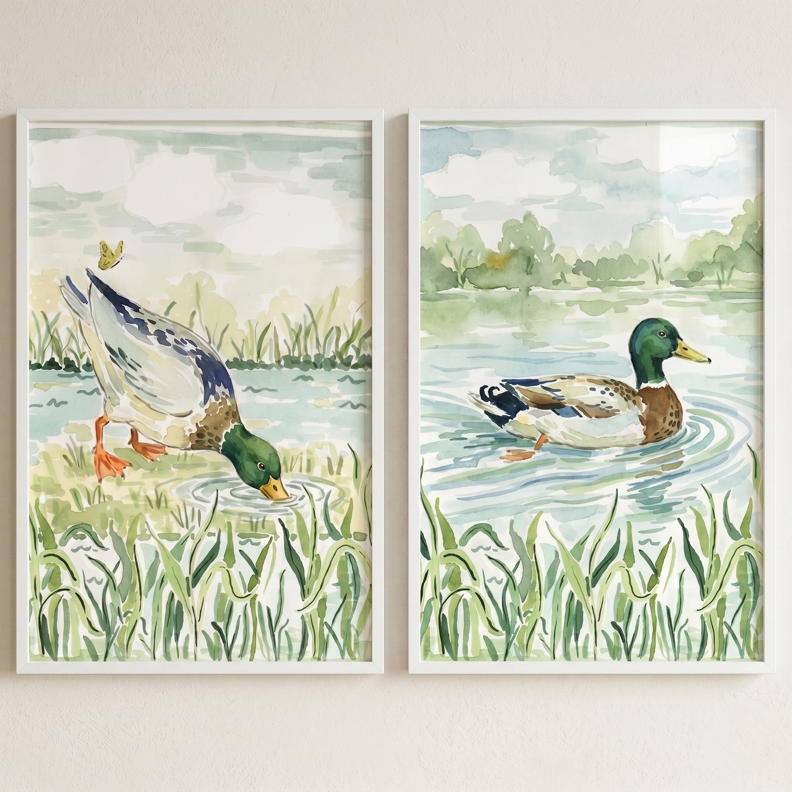Lake mallard duck wall art set of 2 featuring ducks near a pond and reeds in a soft watercolor style.