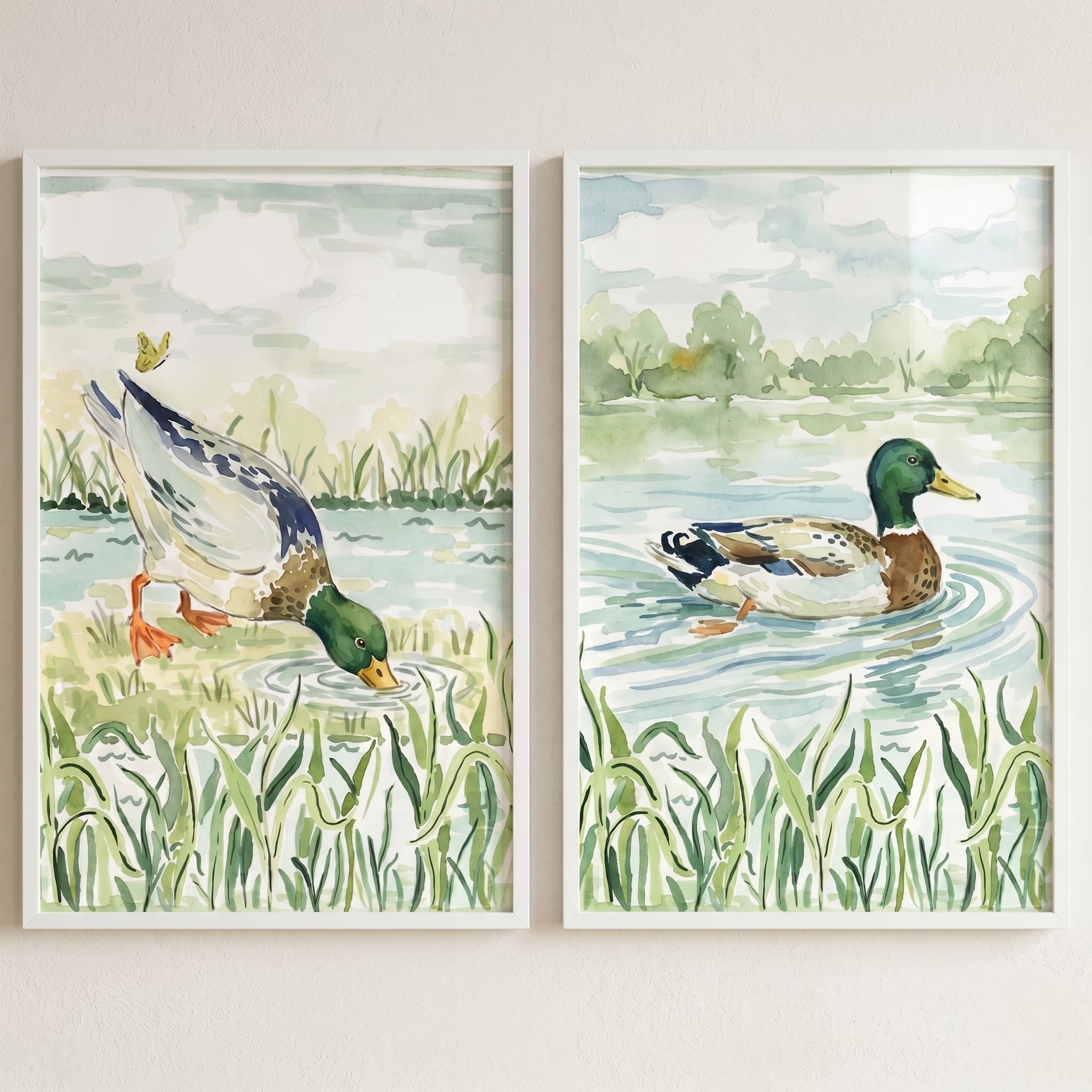 Lake Mallard Duck Wall Art Set of 2 - Mallard Pond Life