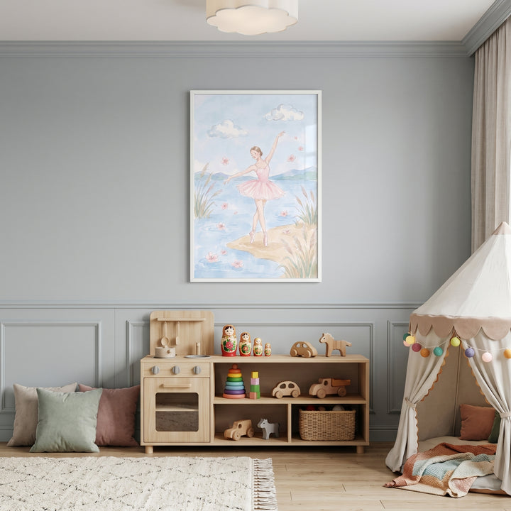 Lake shore pink ballerina wall art hangs above a wooden toy kitchen and shelving in a grey room with a play tent.