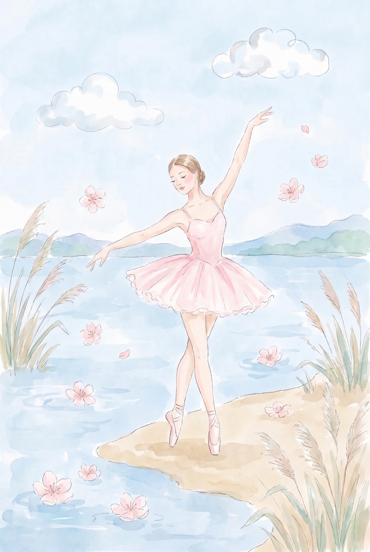 Lake shore pink ballerina wall art featuring a dancer on pointe amidst floating flowers in a watercolor landscape.