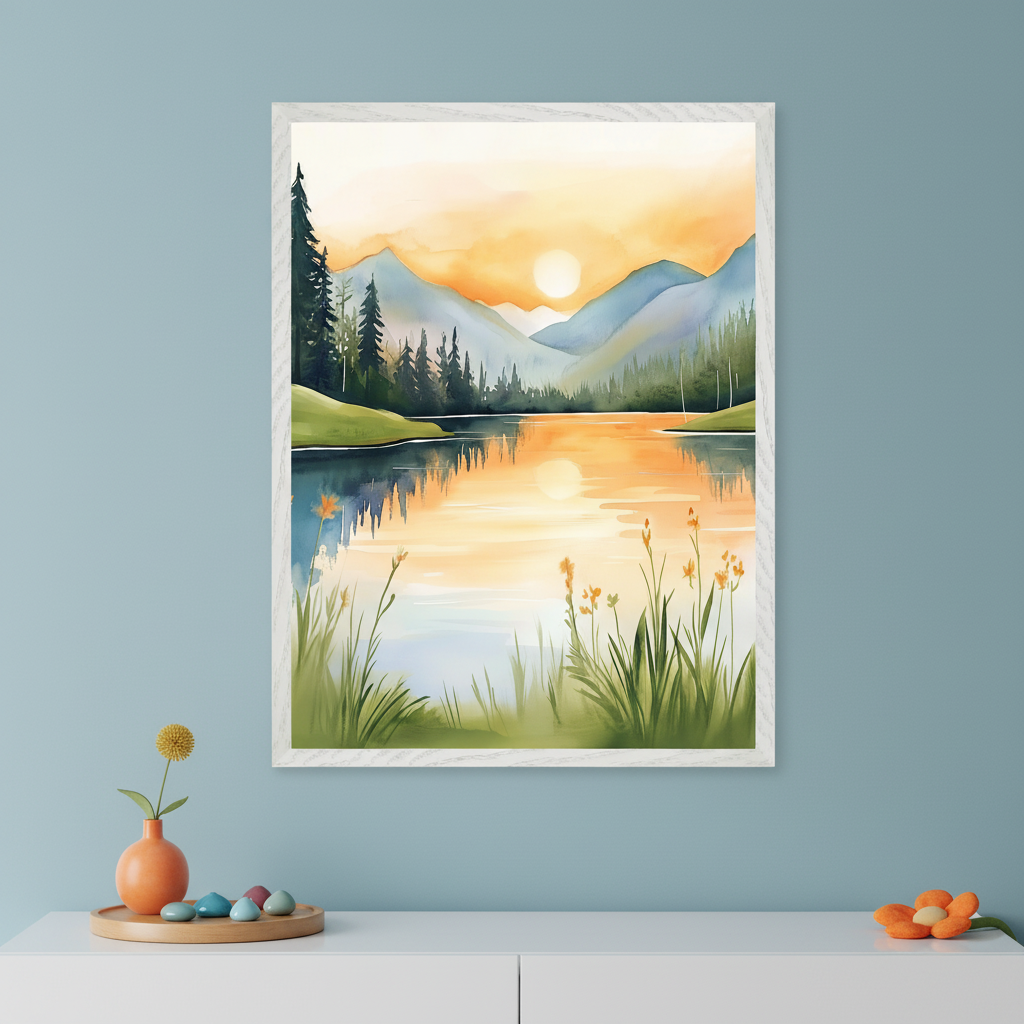Modern room with a white console table against a blue wall. A large framed watercolor painting of a mountain lake at sunset, with reflections and foreground flowers, hangs centered above the console. An orange vase with a yellow flower and a tray with decorative eggs are on the table.