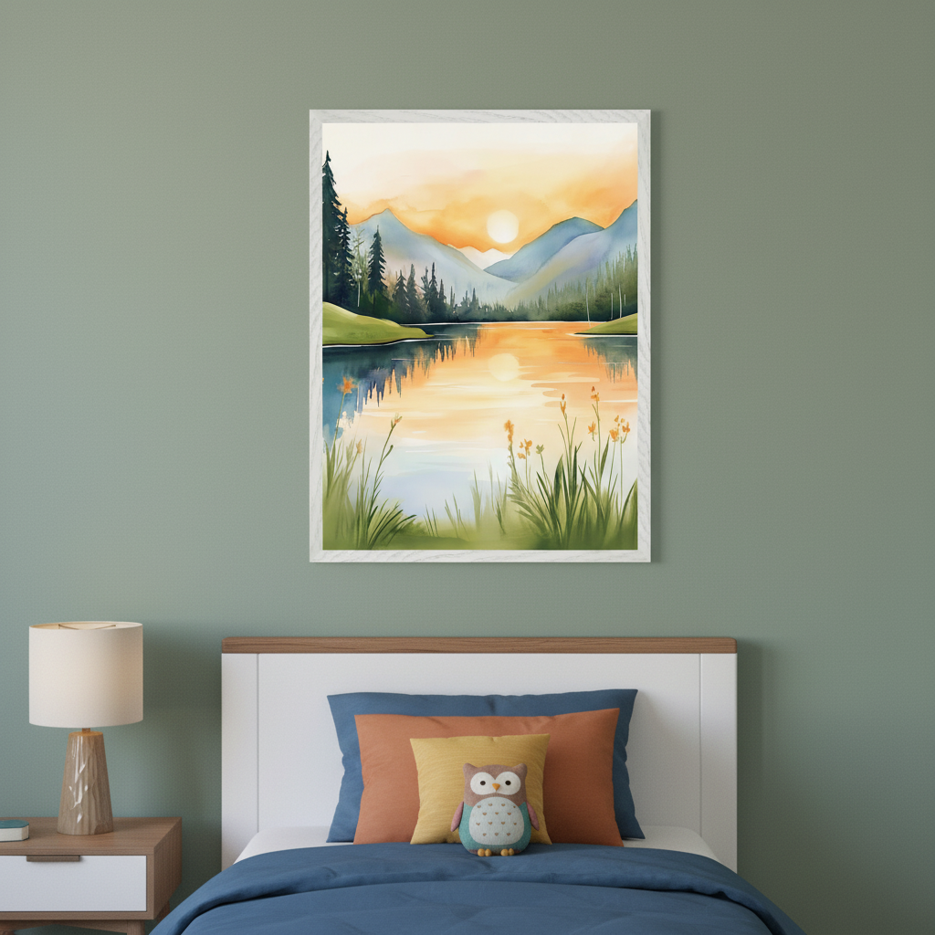 Kid's bedroom with a white headboard bed, blue duvet, orange and yellow pillows, and an owl plush. A wooden bedside table with a lamp is on the left. A framed watercolor painting of a sunset lake with mountains and trees hangs above the bed.