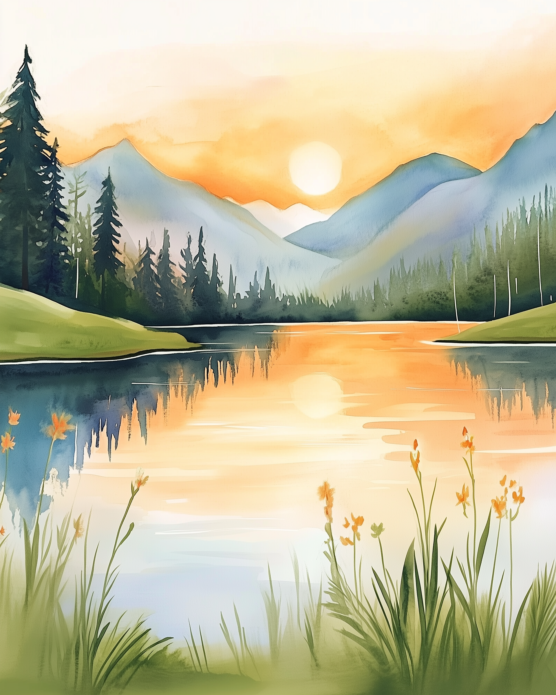 A serene watercolor landscape depicts a tranquil lake reflecting the soft orange hues of a sunset. Tall pine trees and distant mountains frame the scene, with delicate wildflowers in the foreground adding a touch of vibrant color.