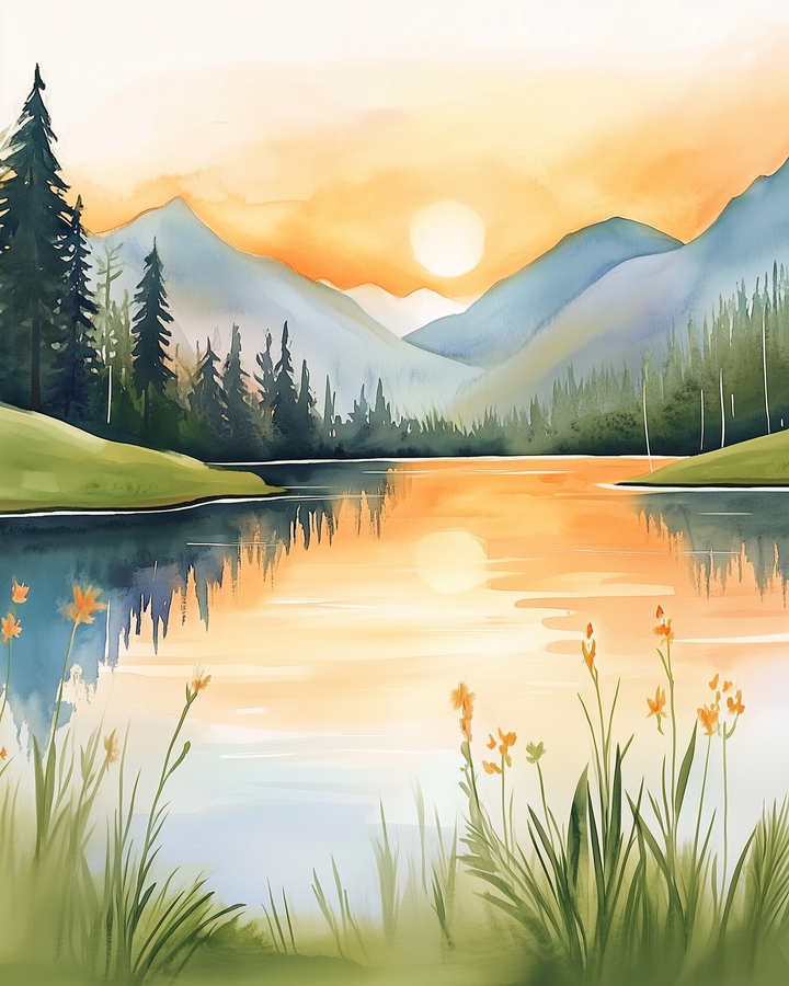 A serene watercolor landscape depicts a tranquil lake reflecting the soft orange hues of a sunset. Tall pine trees and distant mountains frame the scene, with delicate wildflowers in the foreground adding a touch of vibrant color.