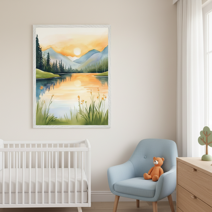 Modern nursery with a white crib on the left and a light blue armchair with a teddy bear on the right. A large framed watercolor painting of a lake reflecting a sunset over mountains and trees hangs centrally on the wall, above the crib. A wooden dresser is partially visible on the far right.
