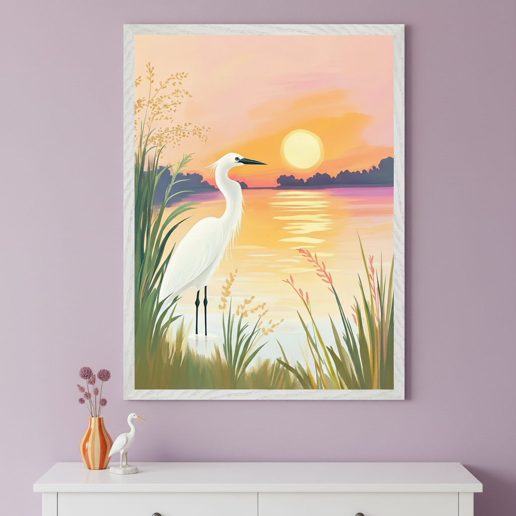 Lake Bird Sunset Wall Art for Nursery, Playroom or Kids Bedrooms - Serene Nature Scene Decor - Golden Lake