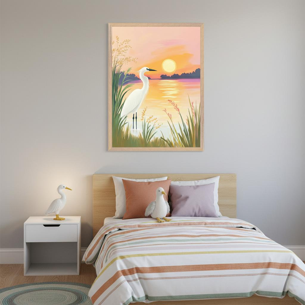 Kid's bedroom with a wooden bed and white nightstand. A large framed illustration of a white egret in water at sunset with reeds hangs centered above the bed. The bed has a striped duvet and a plush bird toy. A white bird figurine is on the nightstand.