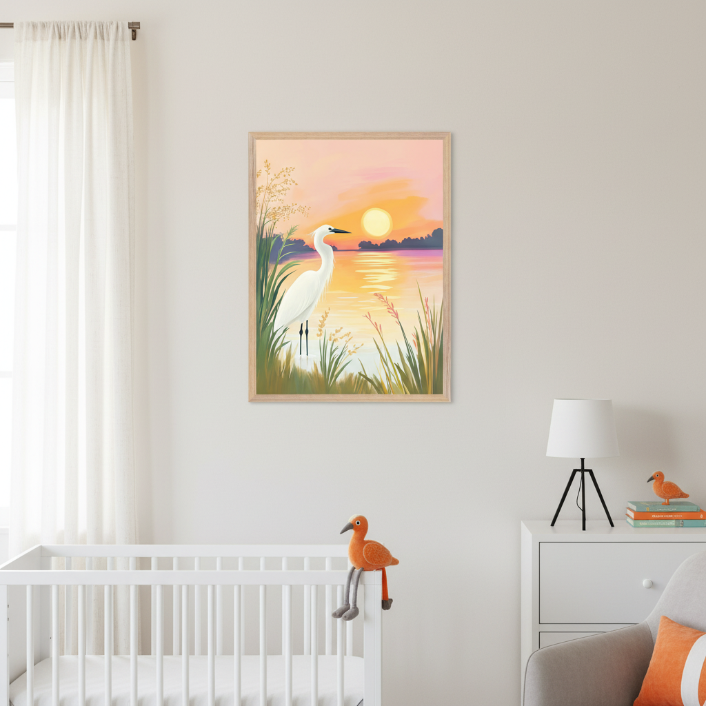 A serene nursery features a white crib with a plush orange bird toy perched on it. A framed painting of a heron by a sunset-lit lake hangs on the wall, casting warm hues. A small white lamp and another bird toy sit atop a dresser, with soft light filtering through sheer curtains.