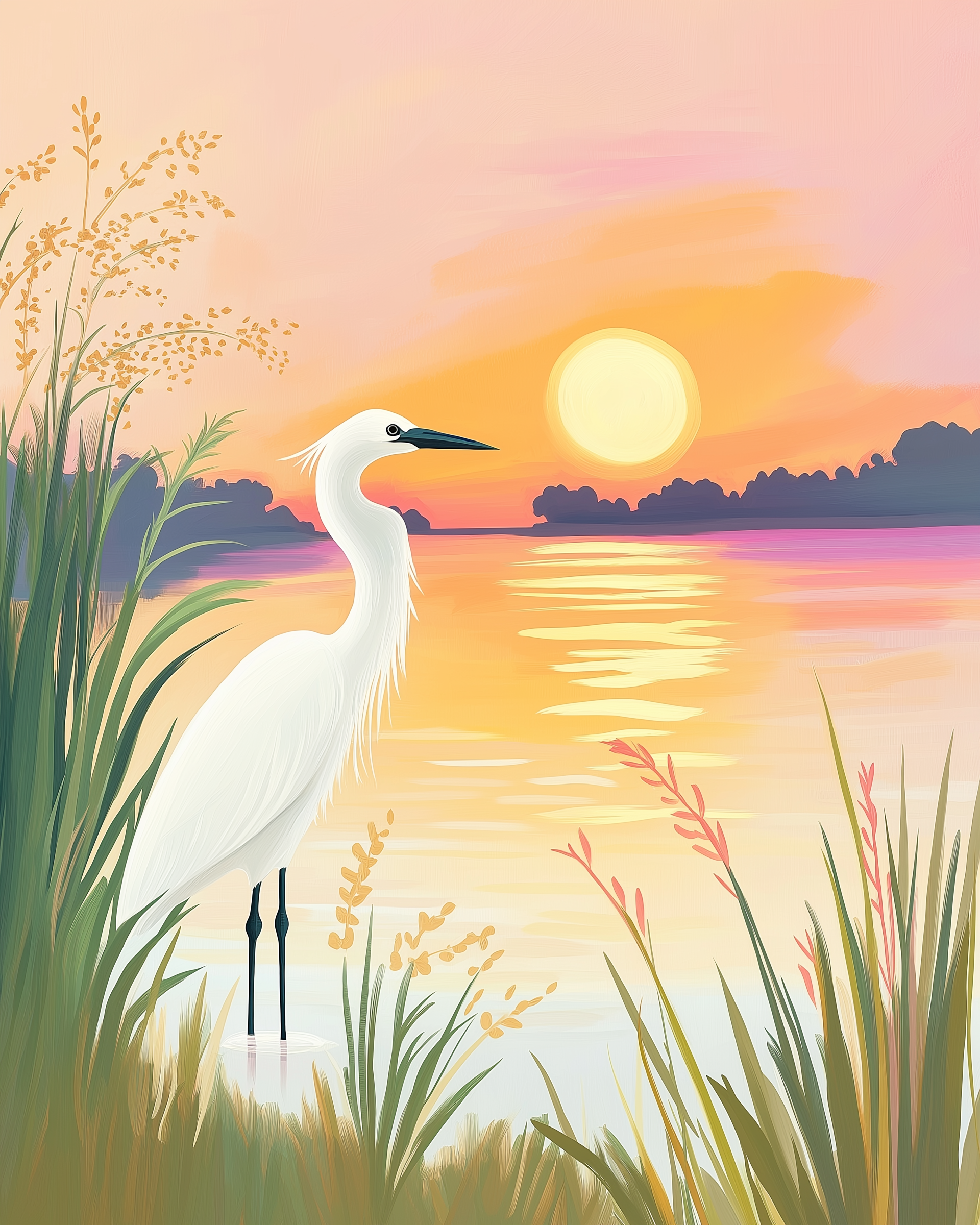 A graceful white heron stands among tall grasses by a tranquil lake, with a vibrant sunset casting warm hues of orange and pink across the sky and water.