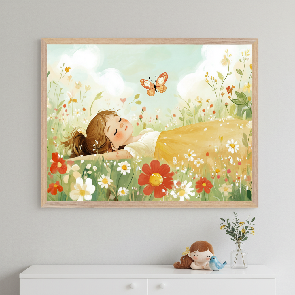 A young girl with brown hair lying peacefully in a field of colorful wildflowers, eyes closed and arms behind her head, while a butterfly hovers above her. The soft pastel colors and dreamy sky create a calm, whimsical atmosphere.