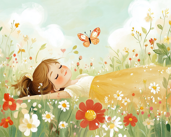 A young girl with closed eyes and a content expression lies in a vibrant meadow filled with daisies and red flowers, while a butterfly flutters above her against a soft blue sky.