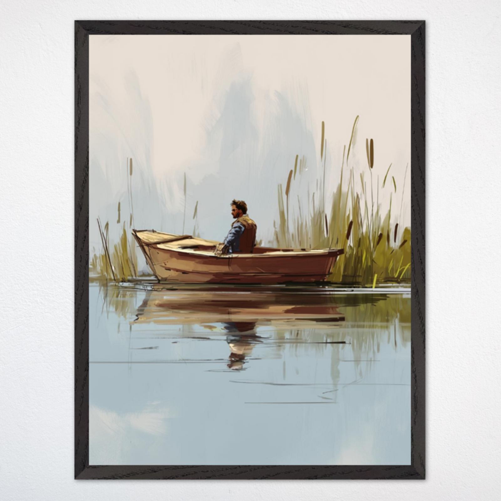 Man sitting alone in a small wooden boat, floating peacefully on calm water. Tall grasses and cattails surround the scene, with his reflection mirrored clearly on the water's surface.