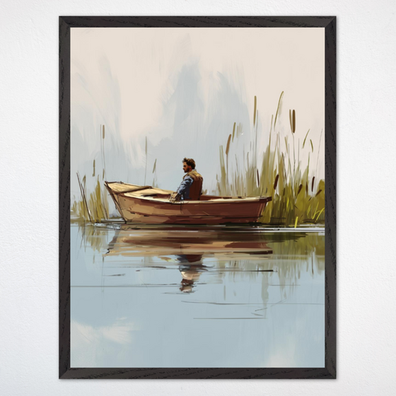 Man sitting alone in a small wooden boat, floating peacefully on calm water. Tall grasses and cattails surround the scene, with his reflection mirrored clearly on the water's surface.