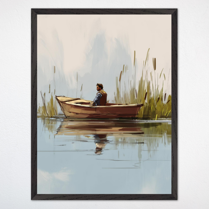 Man sitting alone in a small wooden boat, floating peacefully on calm water. Tall grasses and cattails surround the scene, with his reflection mirrored clearly on the water's surface.
