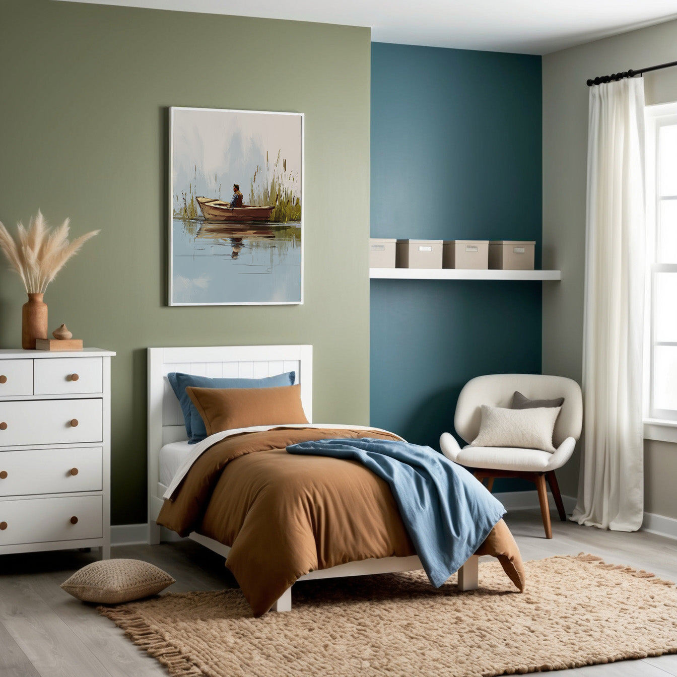 Stylish bedroom decorated in calming earth tones of brown, green, and blue, with a neatly arranged single bed, white furniture, a cozy armchair, and a serene painting of a person rowing a boat on calm water.