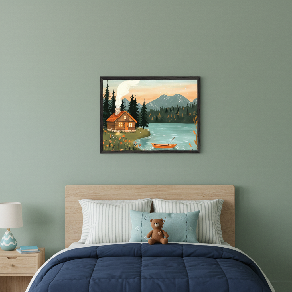 Kid's bedroom with a wooden headboard, navy bed, and a teddy bear. A framed illustration of a log cabin by a lake with a boat, pine trees, and mountains under an orange sky hangs above the bed.