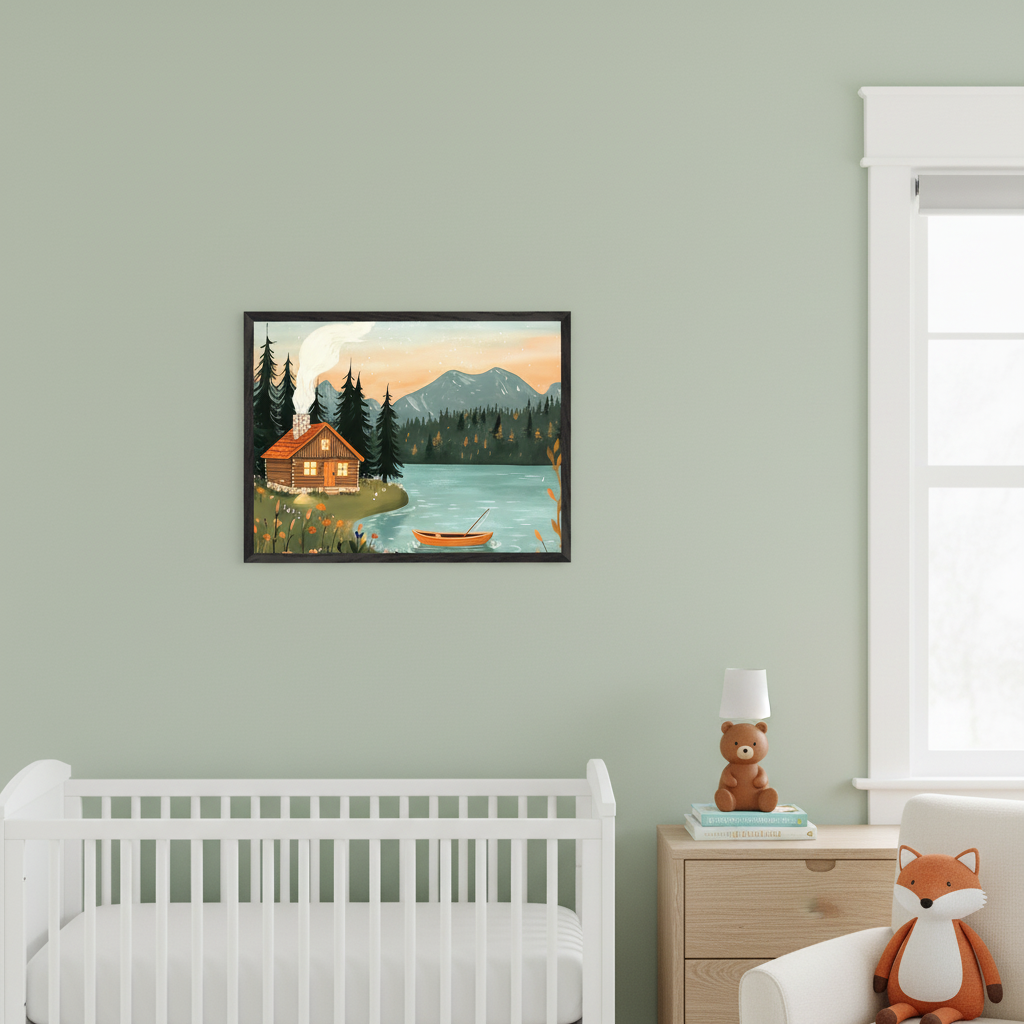 Nursery with light green walls. A white crib is on the left, a wooden dresser on the right. A framed illustration of a log cabin by a lake, boat, pine trees, and mountains under an orange sky hangs above the crib.