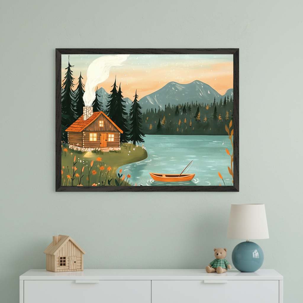 Modern room with a light green wall. A large framed whimsical illustration of a log cabin by a lake, surrounded by trees and mountains, hangs centered above a white dresser. A small wooden house, a teal lamp, and a teddy bear are on the dresser.