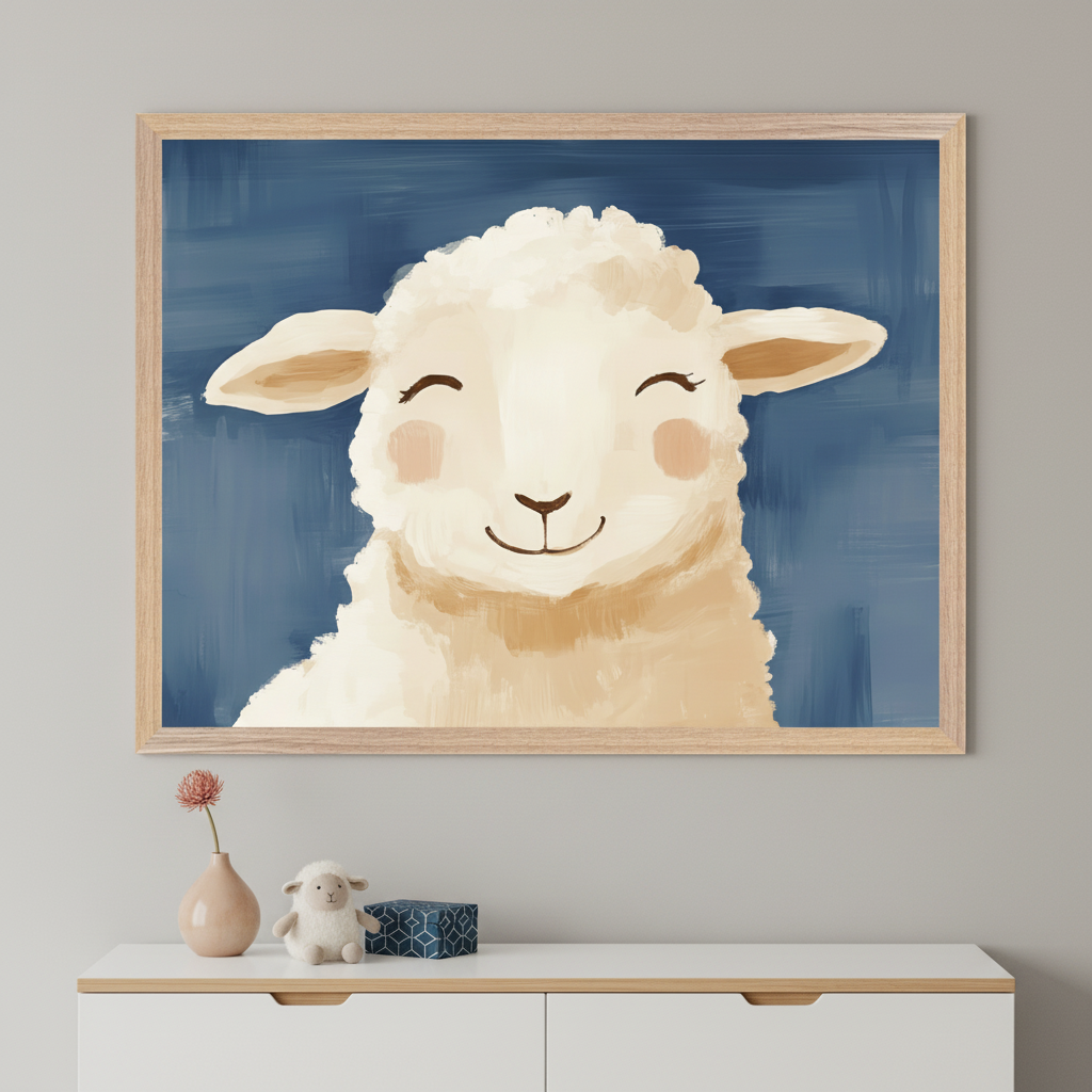 Modern kid's room with a white dresser and wooden top. A large framed painting of a smiling lamb with pink cheeks on a blue background, in a brushstroke style, hangs above the dresser. A small vase, plush lamb toy, and patterned box are on the dresser.