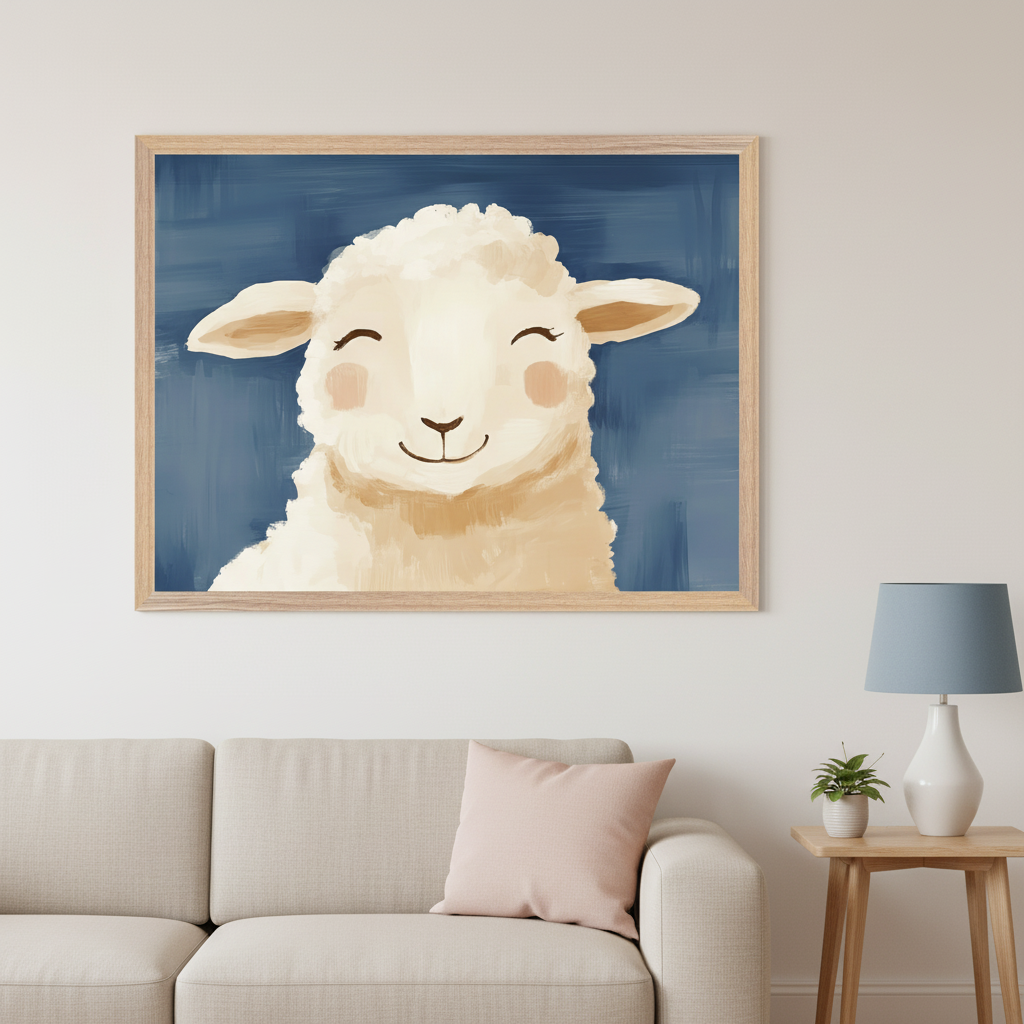 Modern living room with a cream sofa and pink cushion. A large framed, painterly illustration in a light wooden frame of a smiling white lamb with pink cheeks on a dark blue background hangs above the sofa. A side table with a blue lamp and plant is on the right.