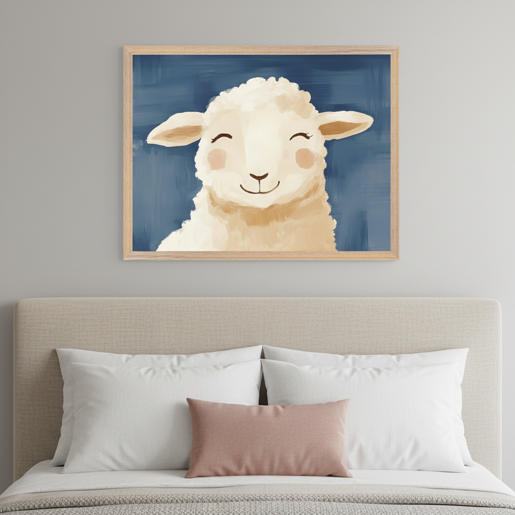 Modern bedroom with a beige upholstered headboard, white bedding, and a pink pillow. A framed painterly art of a smiling white lamb with rosy cheeks on a blue background hangs centered above the bed.