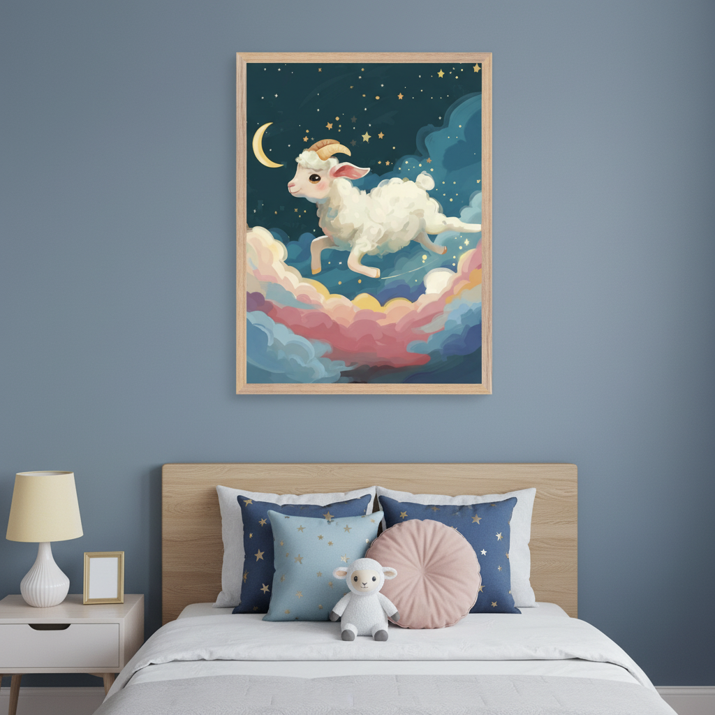 Modern kid's bedroom with a wooden headboard bed. A large framed illustration of a white cartoon lamb leaping across colorful clouds under a starry night sky with a moon hangs centered above the bed.