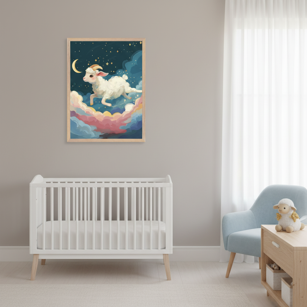 Modern nursery with a white crib. A framed whimsical painting of a white sheep jumping on colorful clouds under a starry night sky with a crescent moon hangs above the crib. A light blue armchair and side table with a sheep plush are to the right.