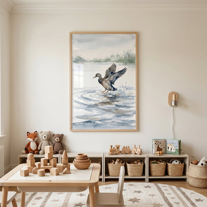 Nursery featuring landing mallard duck wall art above a wooden table and shelves with toys and plush animals.