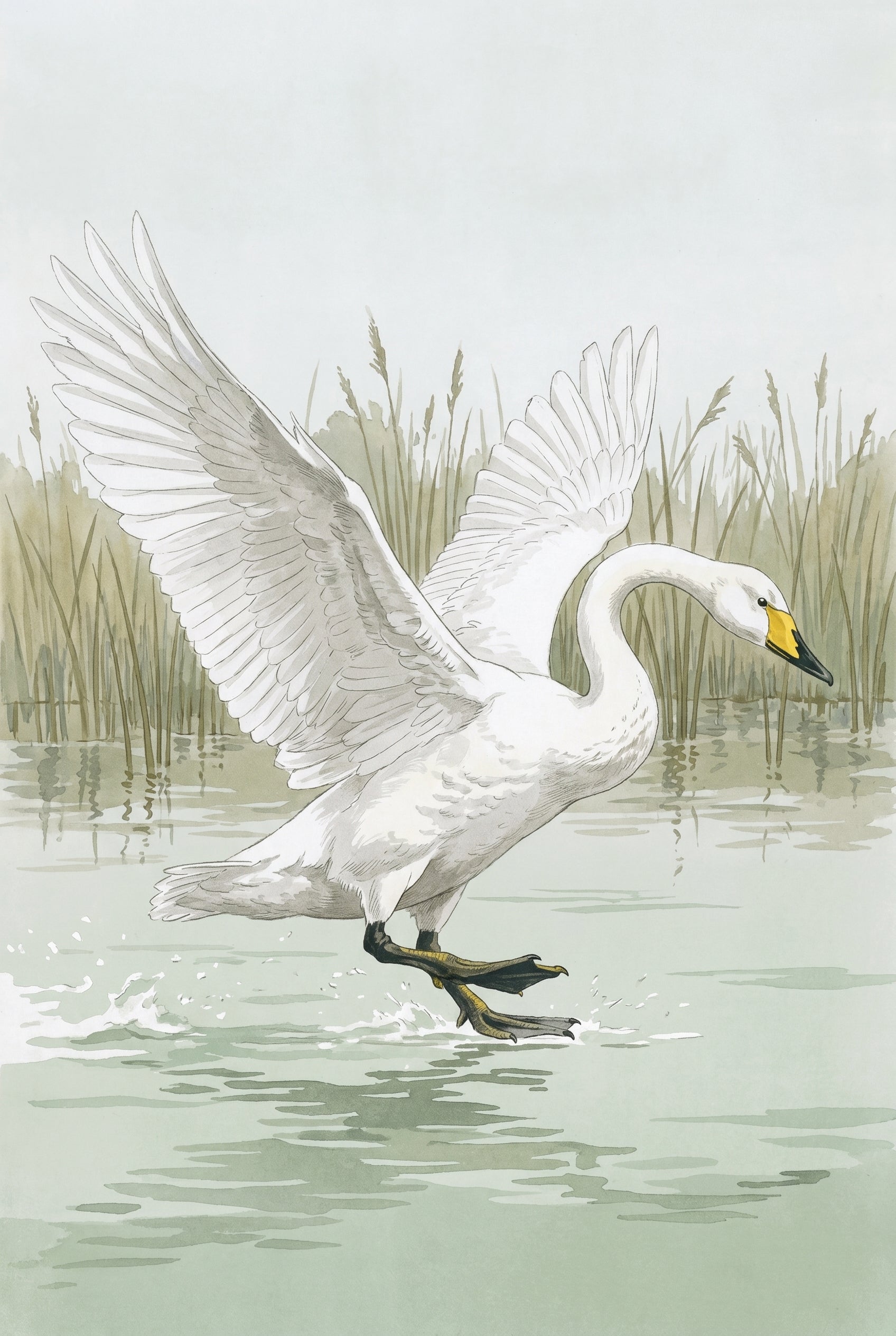 Landing Whooper White Swan Wall Art - Graceful Water Landing