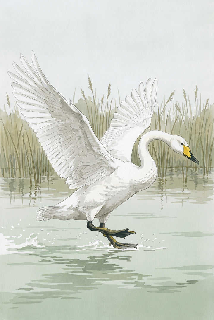 Landing whooper white swan wall art with wings spread wide, splashing into a calm lake with reeds in the background.