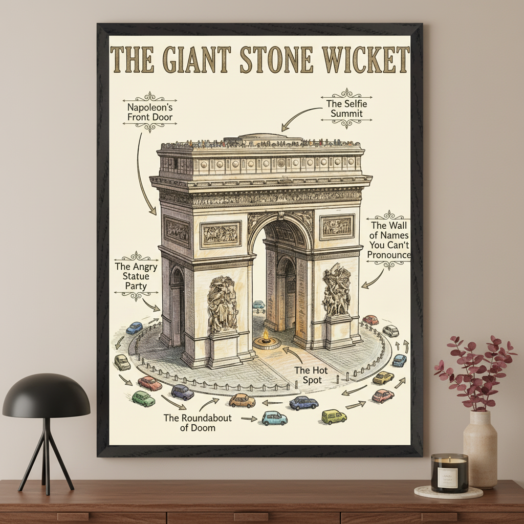 Modern room with a wooden dresser. A large framed print of a humorous, labeled diagram of the Arc de Triomphe hangs centrally above it. The illustration features cars circling the landmark with satirical annotations like "The Giant Stone Wicket" and "The Roundabout of Doom."