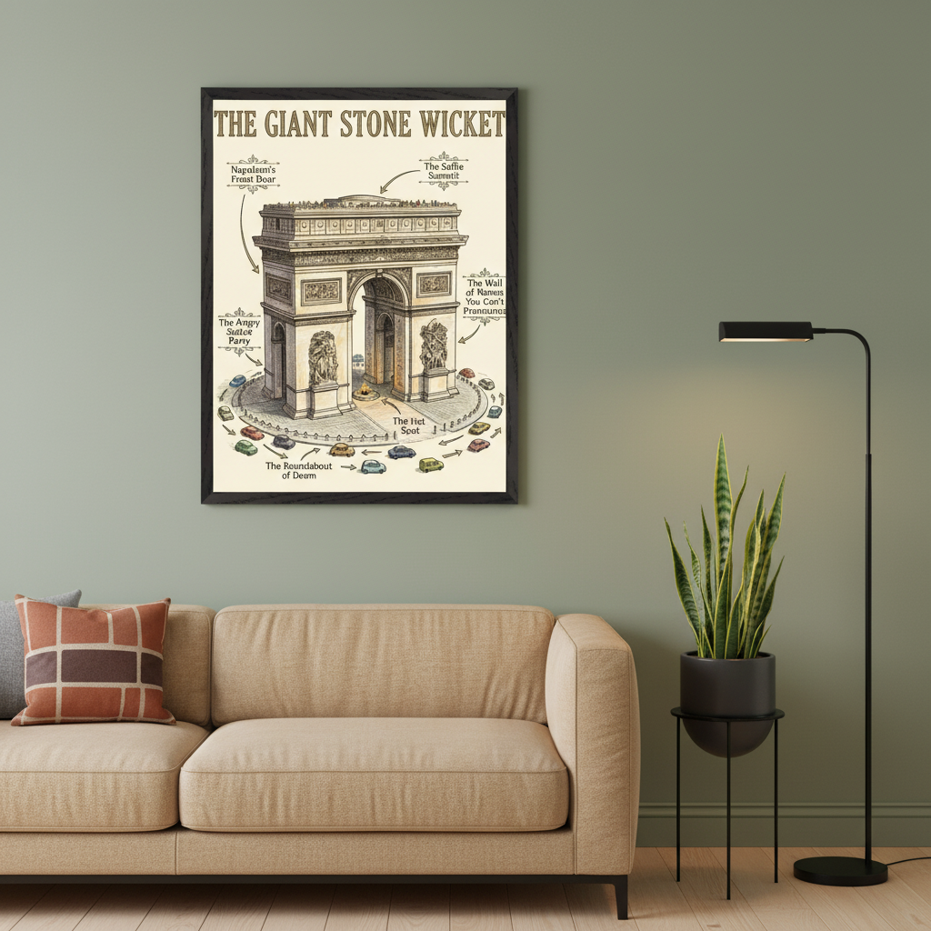 Living room with a beige sectional sofa and a black floor lamp. A framed print depicting a humorous diagram of the Arc de Triomphe, labeled with witty descriptions and cars in a roundabout, hangs above the sofa.
