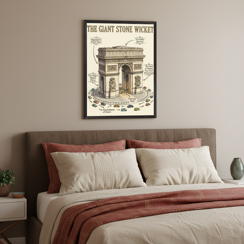 Modern bedroom with a brown headboard bed. A framed diagrammatic poster titled "THE GIANT STONE WICKET," showing the Arc de Triomphe as a cricket wicket with humorous labels, hangs above the bed.
