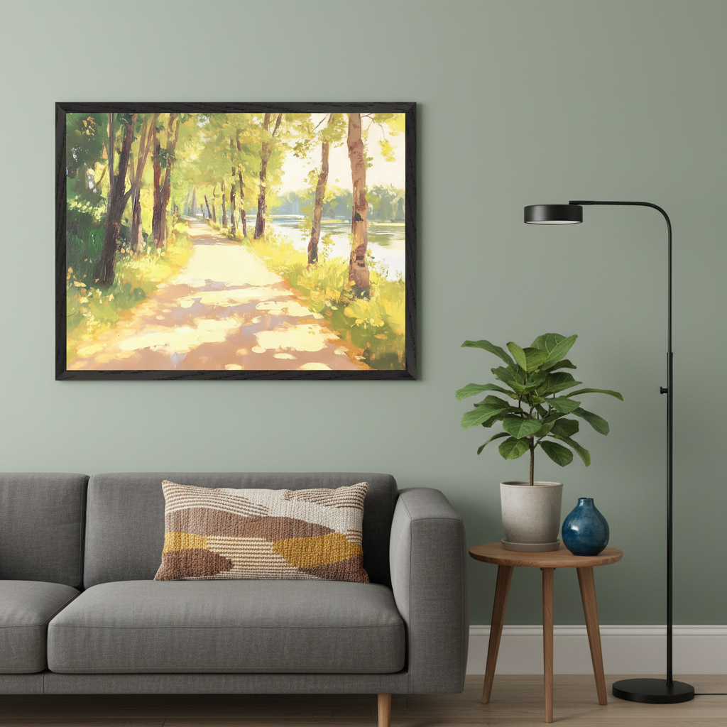 Modern living room with a grey sofa. A framed impressionistic painting of a sunlit path through trees by a lake hangs above the sofa. A potted plant, blue vase, and black floor lamp are to the right.