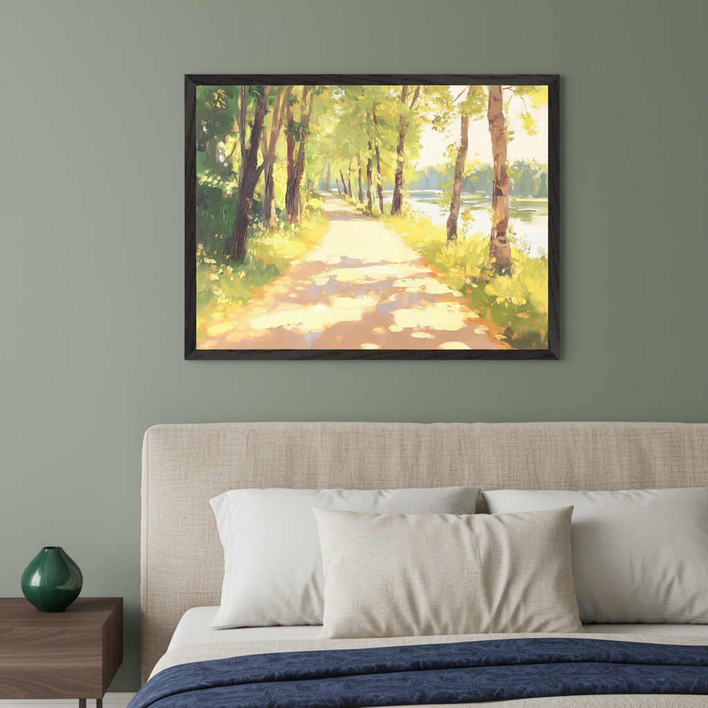 Modern bedroom with a bed and beige upholstered headboard. A framed painting of a sunlit path lined with trees alongside a lake, in a painterly style, hangs centered above the bed.