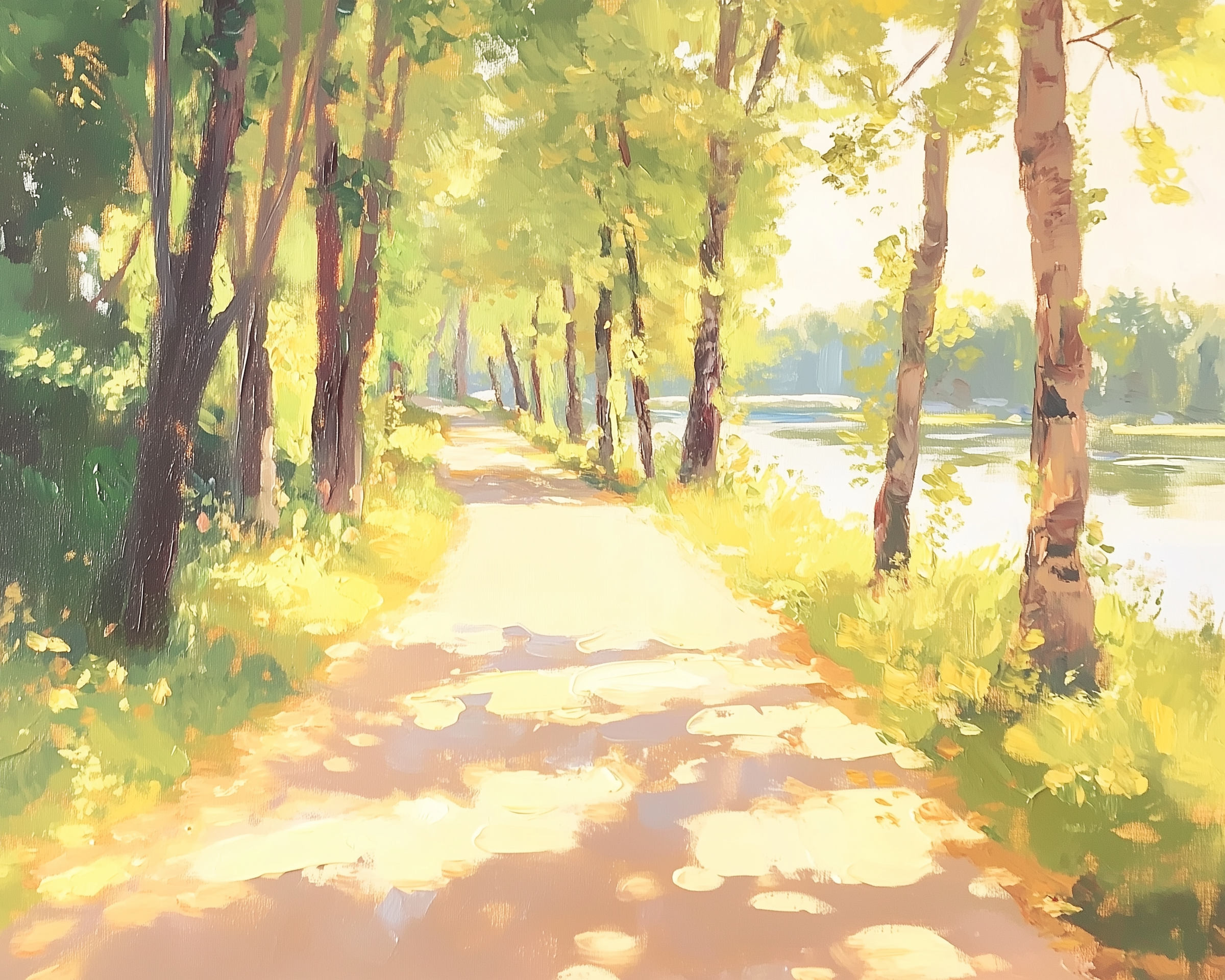 Impressionistic illustration of a sunlit path lined with tall trees casting soft shadows, with a body of water visible on the right side.
