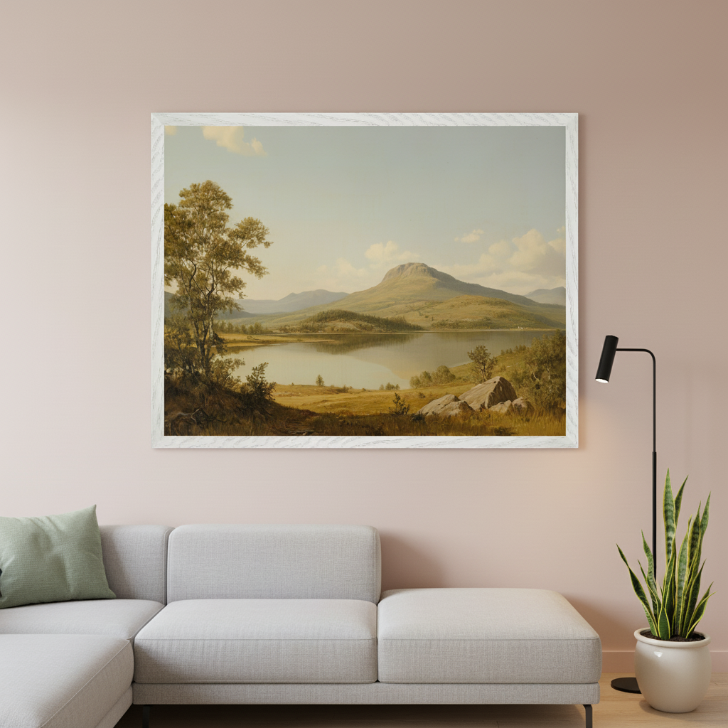 Modern living room with a light gray sectional sofa. A large framed landscape painting with a white frame hangs above the sofa, depicting a lake reflecting mountains, trees, and grassy hills under a cloudy sky. A black floor lamp and a snake plant in a white pot are to the right.