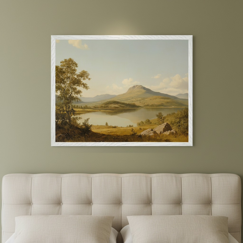 Bedroom with a light beige tufted headboard. A framed classical landscape painting depicting a lake, mountains, and trees hangs centered above the headboard. Light-colored pillows are visible on the bed.