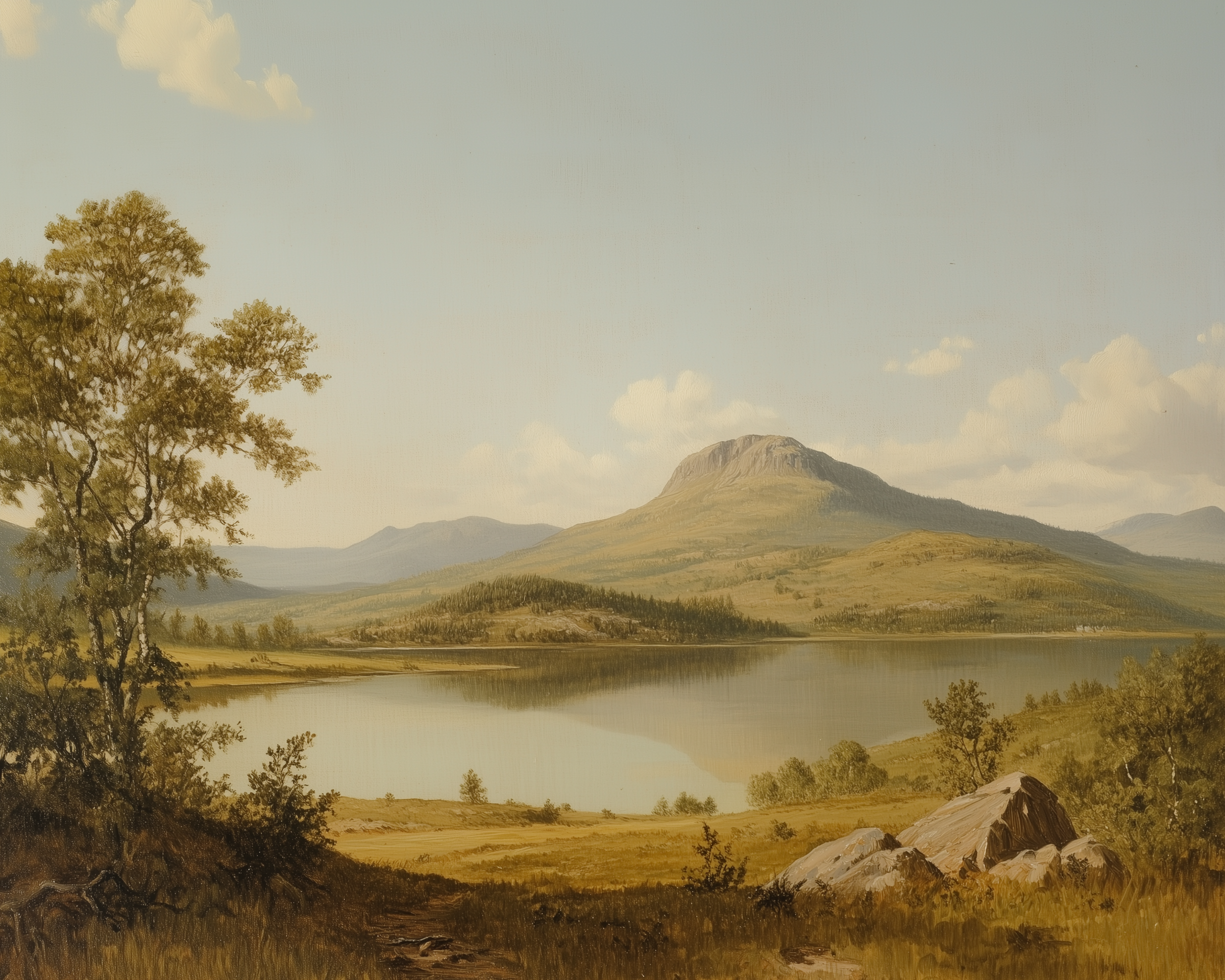 Classic landscape painting showing a calm lake surrounded by green hills and a large central mountain under a clear sky, with trees and boulders in the foreground.
