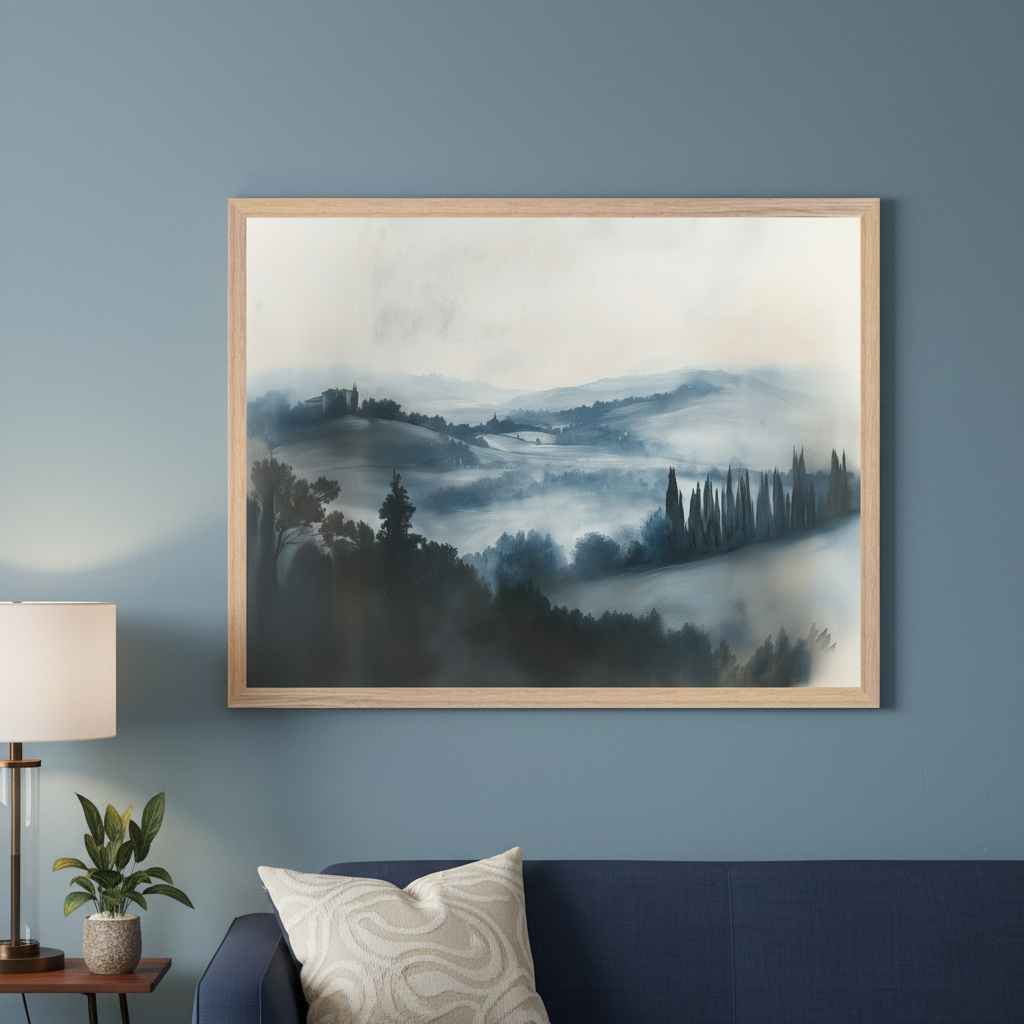Modern living room with a blue sofa and a side table with a lamp and plant. A large framed painting of a misty landscape with hills, trees, and distant structures in blue and gray tones hangs above the sofa.