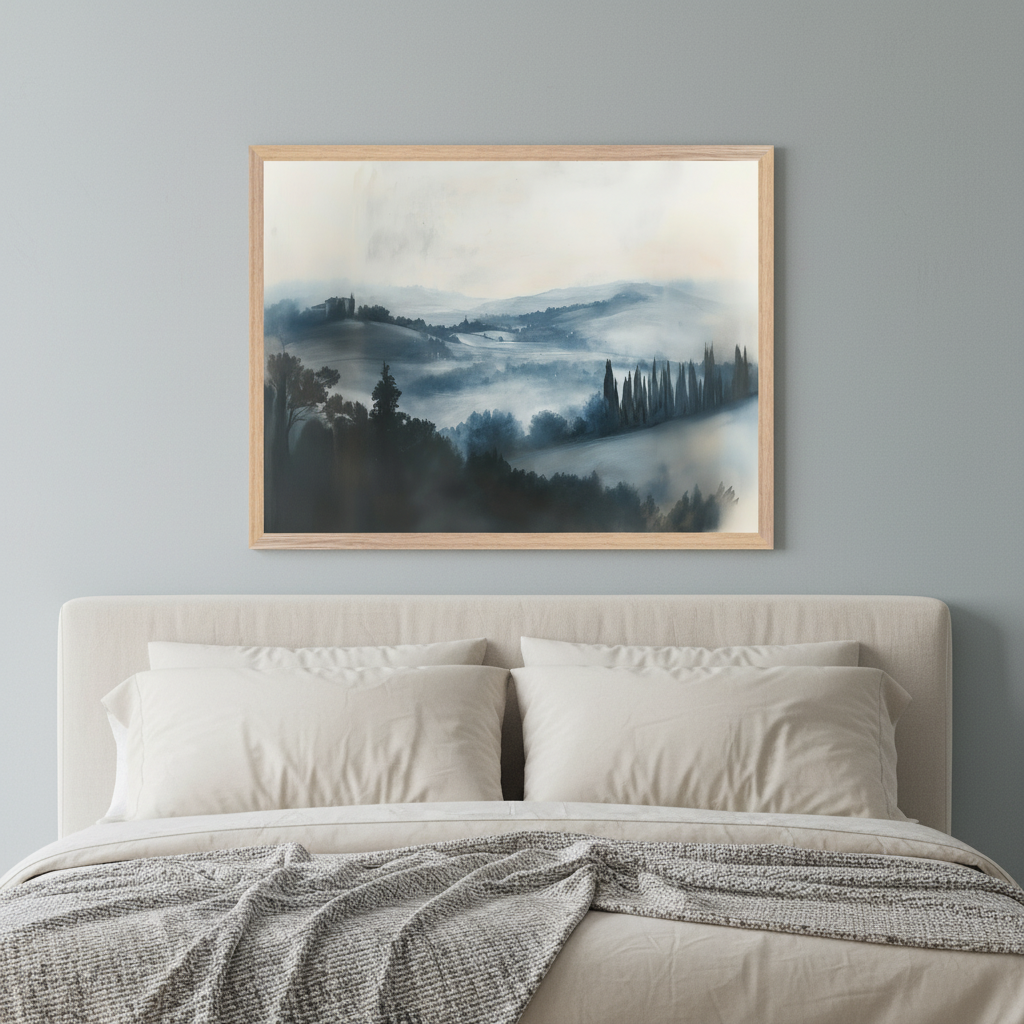 Modern bedroom with a beige upholstered bed. A framed painting depicting a foggy blue and white landscape of rolling hills, trees, and a row of cypress trees, is centered above the bed.