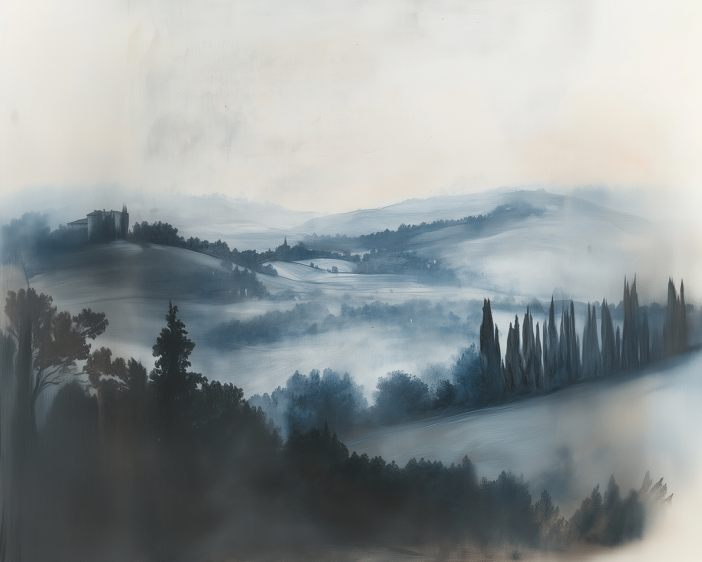 Dreamy landscape painting in cool gray-blue tones showing rolling hills, a distant church, and cypress trees, all softly veiled in morning fog for a peaceful Tuscan countryside vibe.